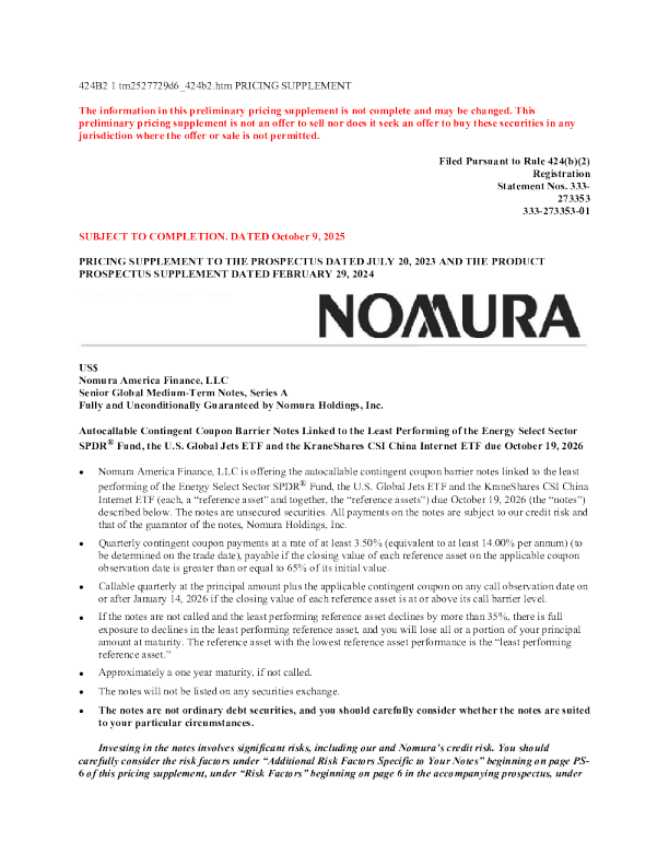 野村控股美股招股说明书(2025-10-09版)