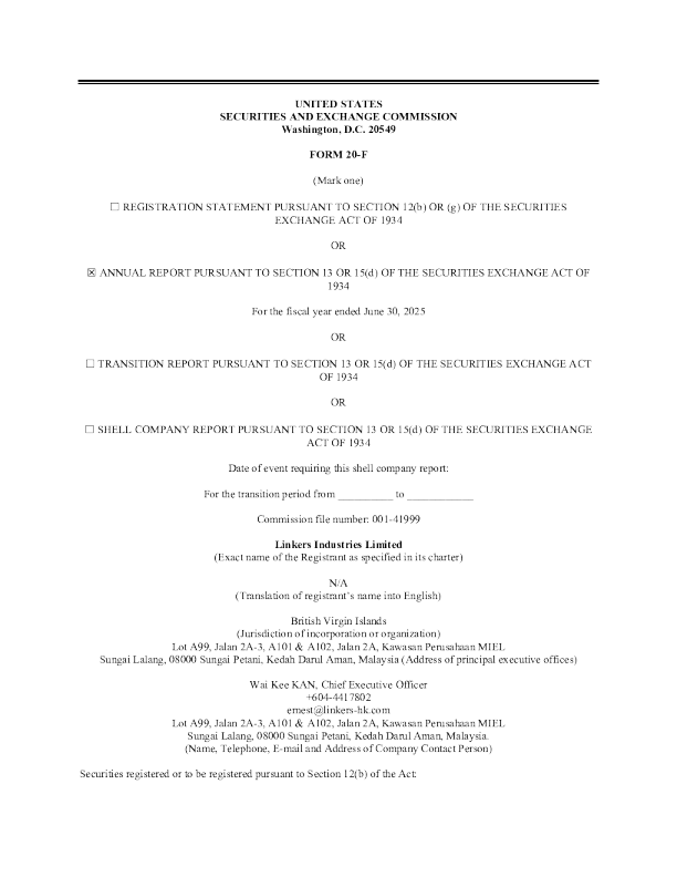 Linkers Industries Ltd-A 2025年年度报告和过渡报告