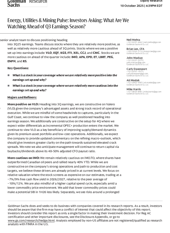 能源、公用事业与矿业脉动：投资者问：我们在第三季度财报季前关注什么？
