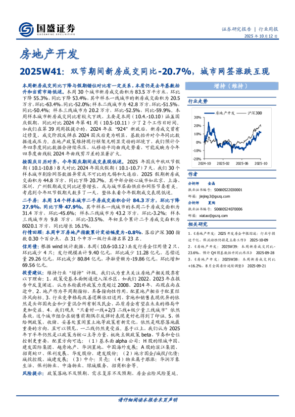 房地产开发2025W41：双节期间新房成交同比-20.7%，城市网签涨跌互现