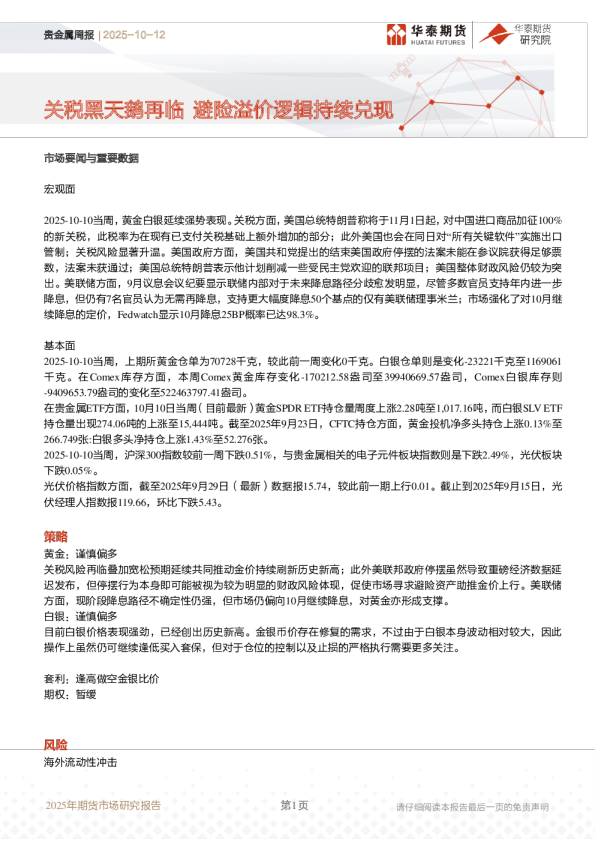 贵金属周报：关税黑天鹅再临 避险溢价逻辑持续兑现