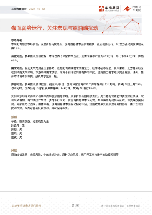 石油沥青周报：盘面弱势运行，关注宏观与原油端扰动