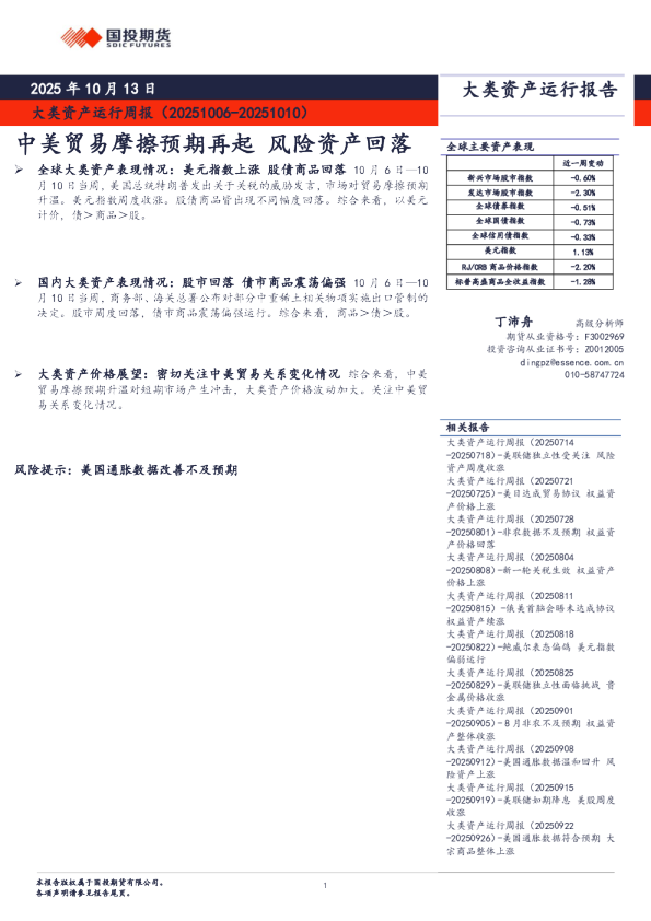 大类资产运行周报：中美贸易摩擦预期再起，风险资产回落
