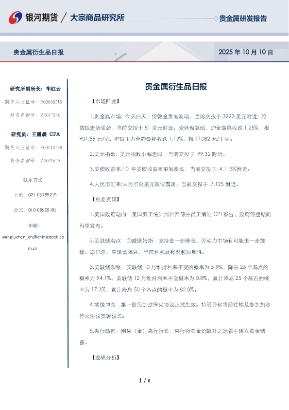 银河期货贵金属衍生品日报