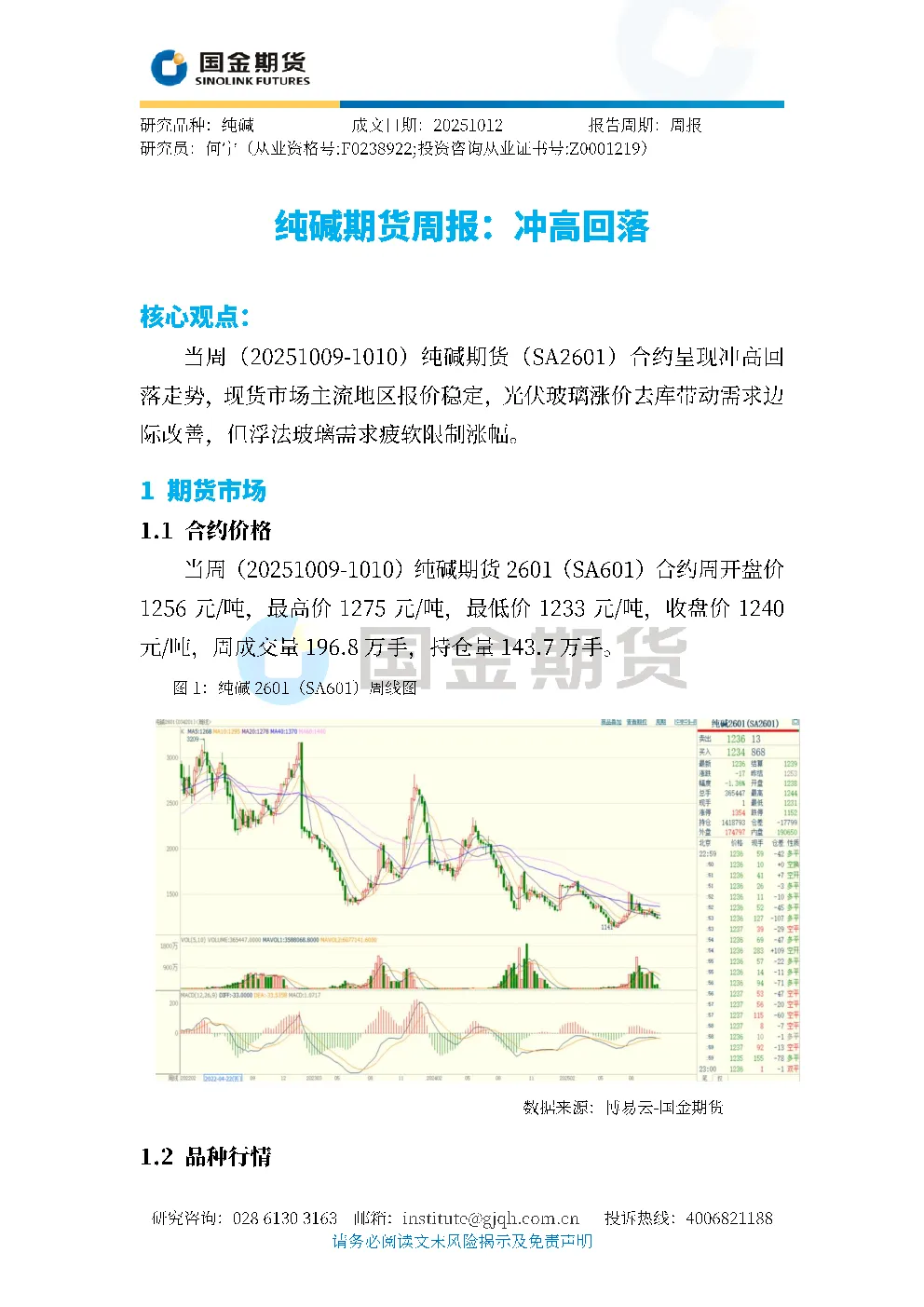 纯碱期货周报：冲高回落