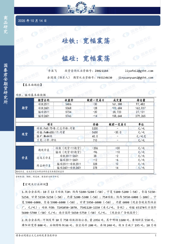 硅铁：宽幅震荡 锰硅：宽幅震荡