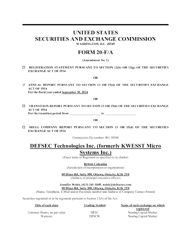 DEFSEC Technologies Inc 2025年年度报告和过渡报告