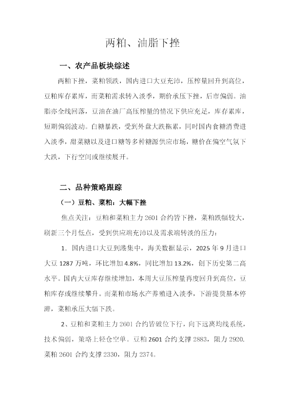 两粕、油脂下挫