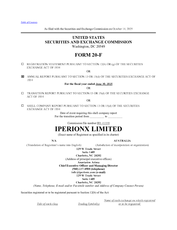 IperionX Ltd ADR 2025年年度报告和过渡报告