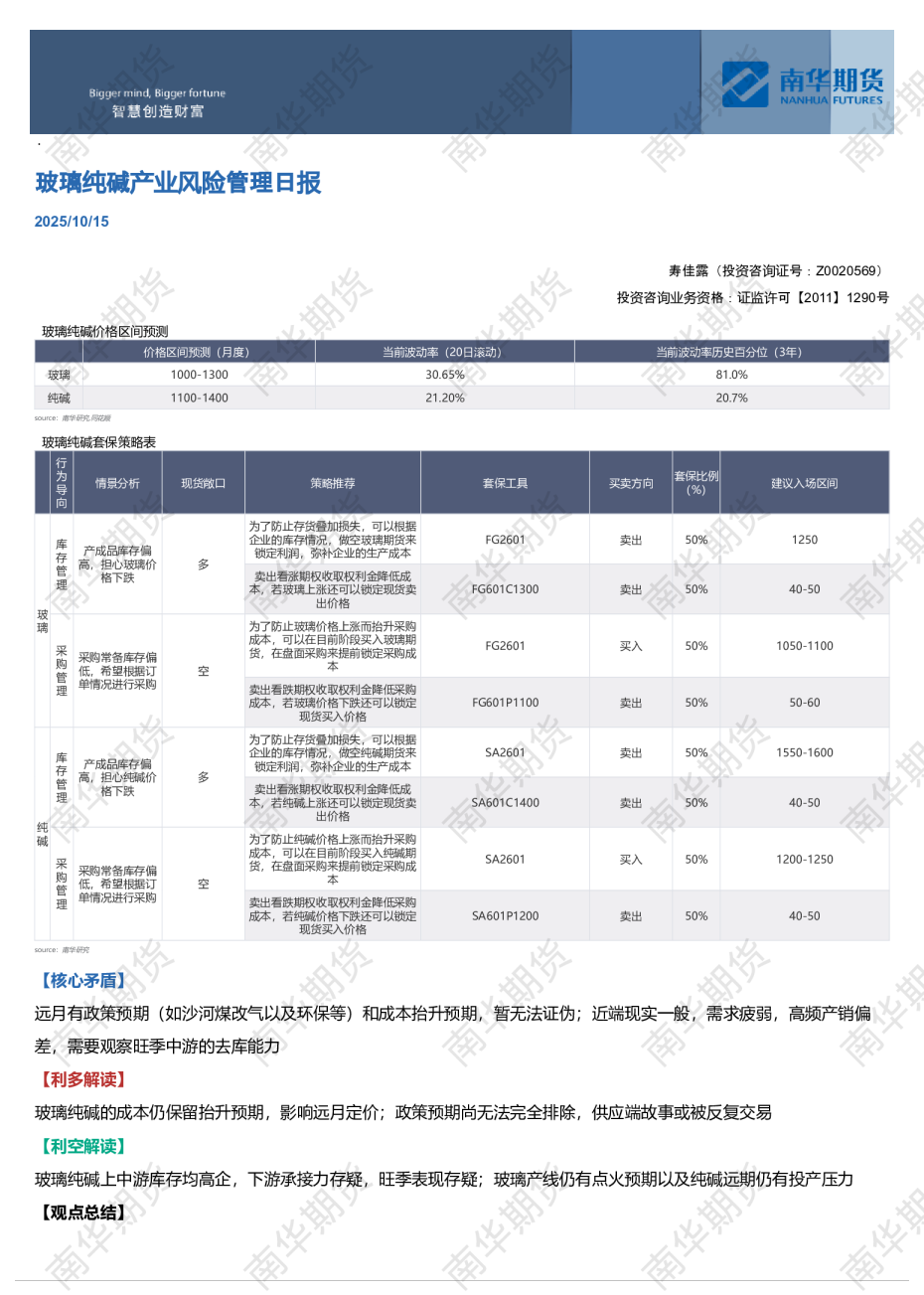 玻璃纯碱产业风险管理日报
