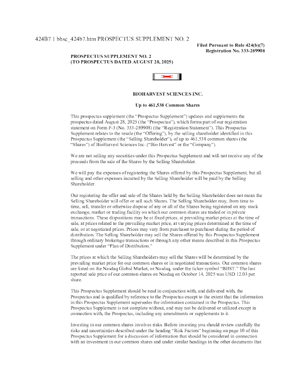 BioHarvest Sciences Inc美股招股说明书(2025-10-15版)
