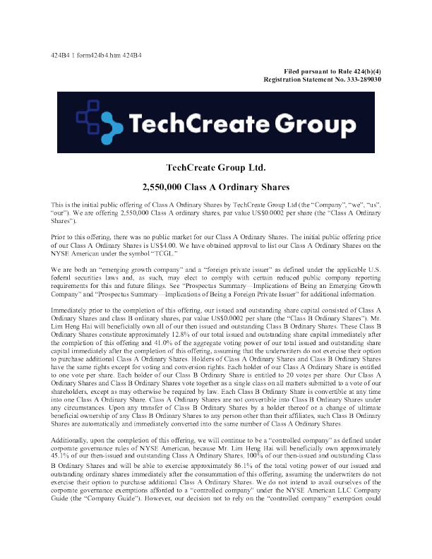 TechCreate Group Ltd-A美股招股说明书(2025-10-15版)