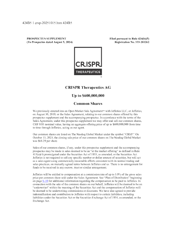 CRISPR Therapeutics AG美股招股说明书(2025-10-15版)