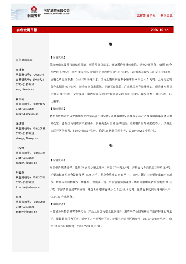 有色金属早报
