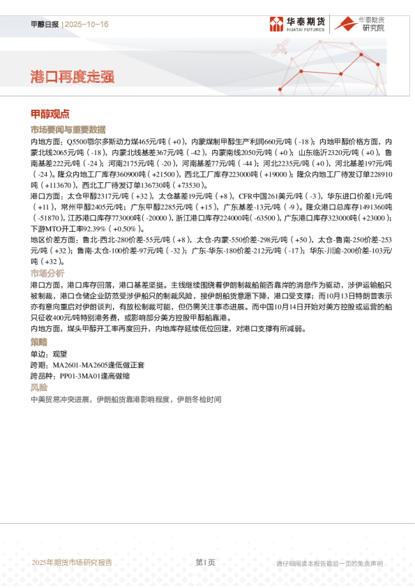 甲醇日报：港口再度走强