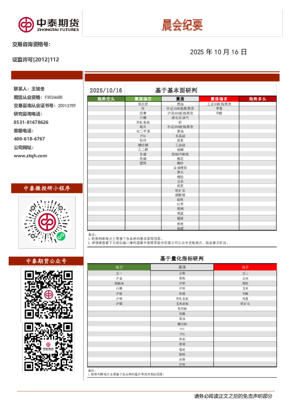 中泰期货晨会纪要