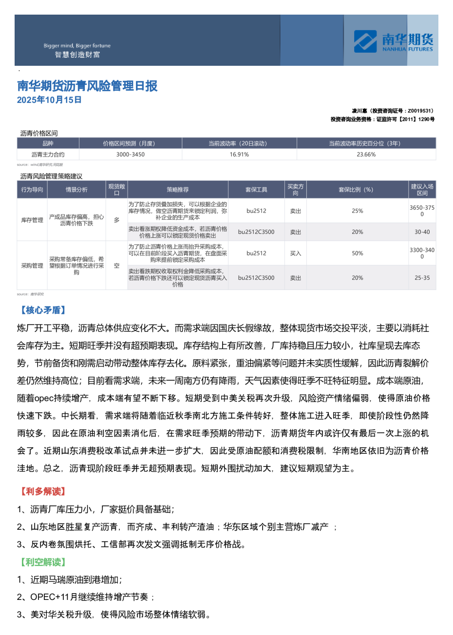 南华期货沥青风险管理日报