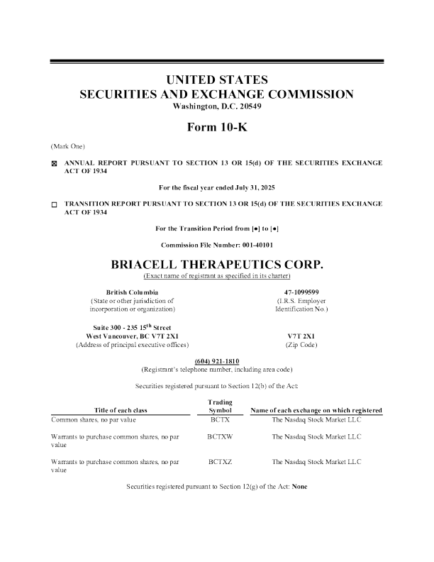 BriaCell Therapeutics Corp 2024年度报告