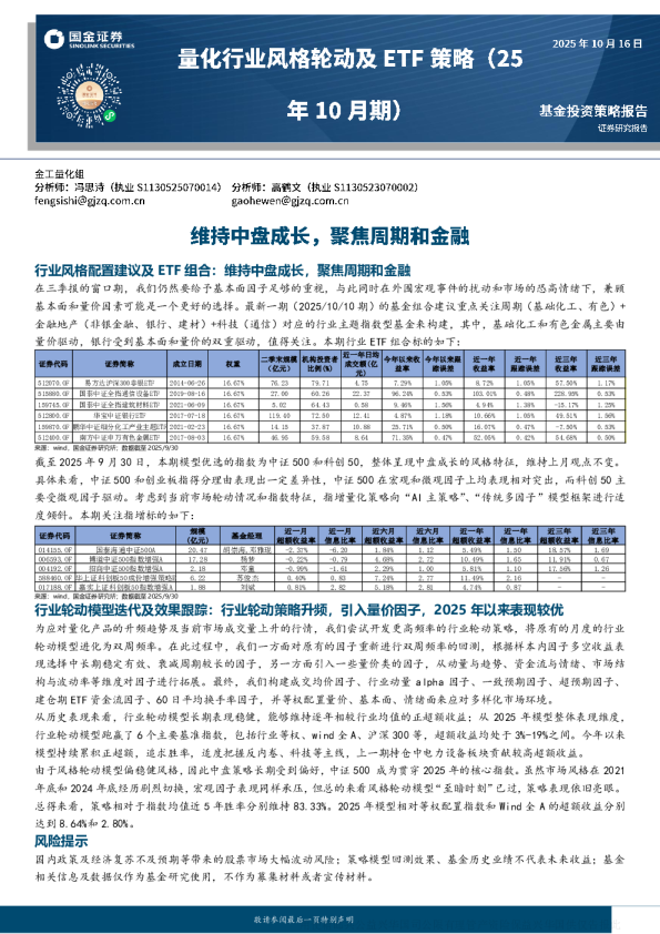 量化行业风格轮动及ETF策略（25年10月期）