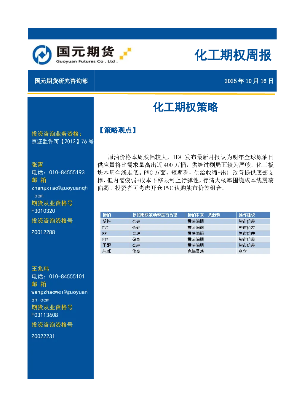 化工期权周报：化工期权策略