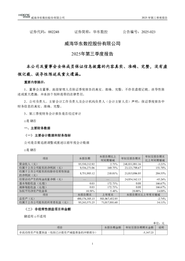 华东数控：2025年三季度报告