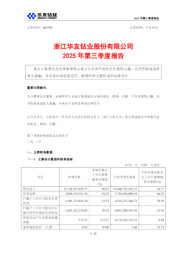 华友钴业：华友钴业2025年第三季度报告