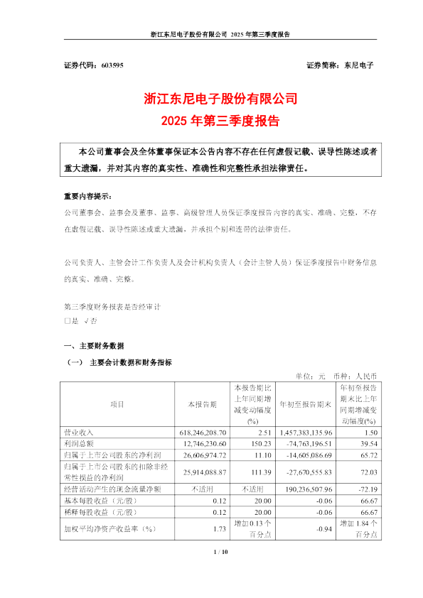 东尼电子：东尼电子2025年第三季度报告