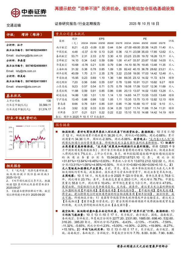 交通运输行业定期报告：再提示航空“淡季不淡”投资机会 板块轮动加仓低估基础设施