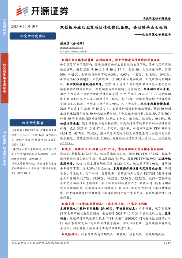 北交所策略专题报告:双创板补涨后北交所估值性价比显现,关注错杀成长标的