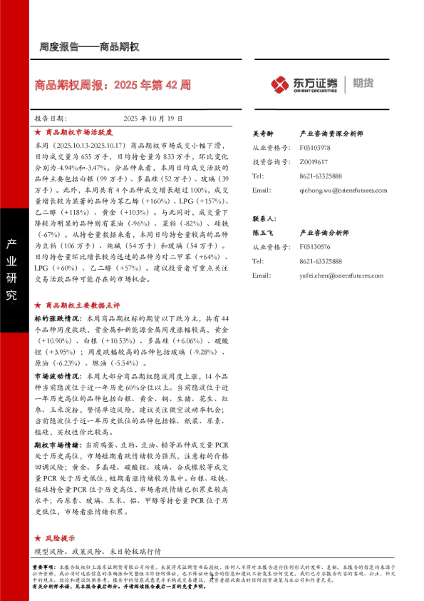 商品期权周报：2025年第42周