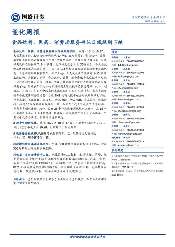 量化周报：食品饮料、医药、消费者服务确认日线级别下跌