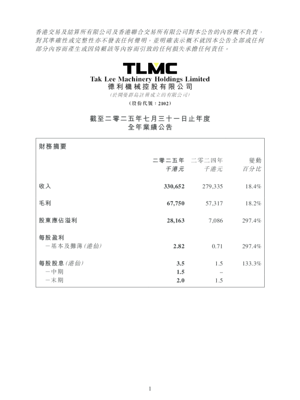 德利机械：截至二零二五年七月三十一日止年度全年业绩公告