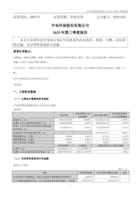 中电环保：2025年三季度报告