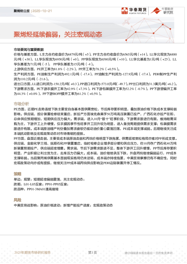 聚烯烃日报：聚烯烃延续偏弱，关注宏观动态