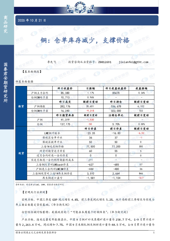铜：仓单库存减少，支撑价格