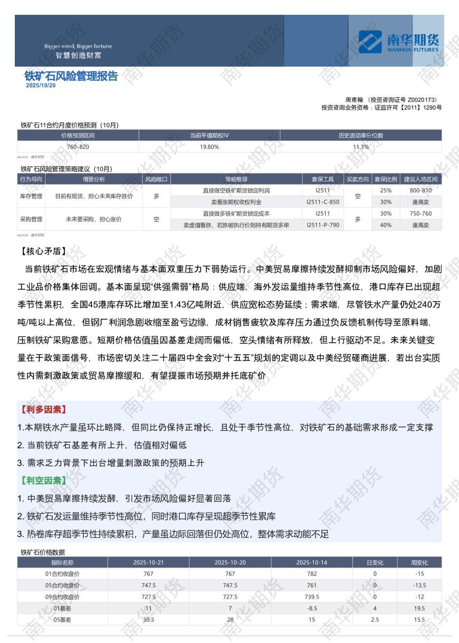 南华铁矿石风险管理报告：五连跌20251021