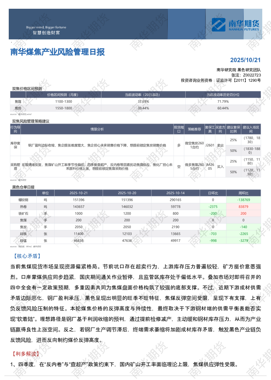 南华煤焦产业风险管理日报