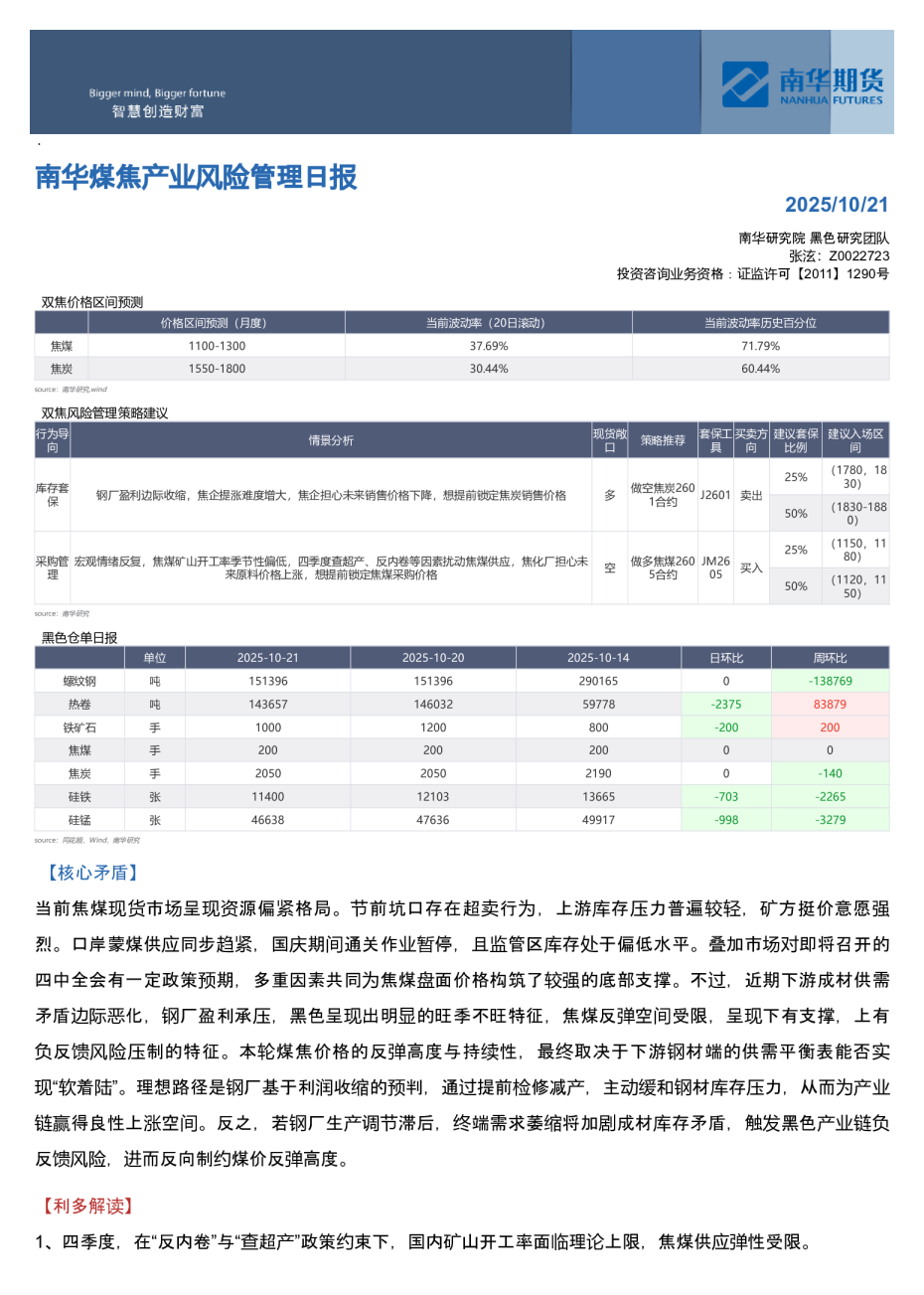 南华煤焦产业风险管理日报