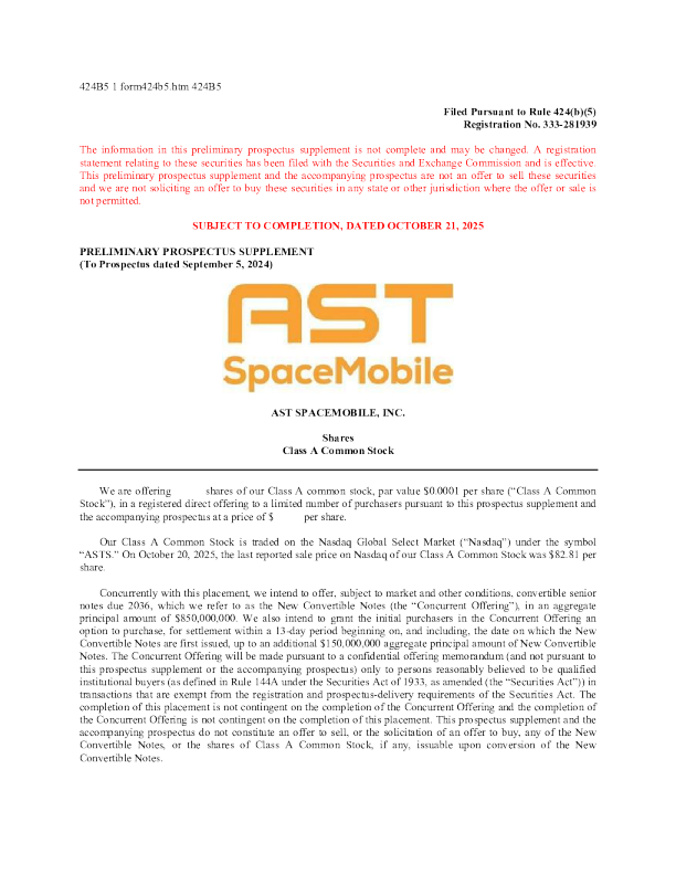 AST SpaceMobile Inc-A美股招股说明书(2025-10-21版)