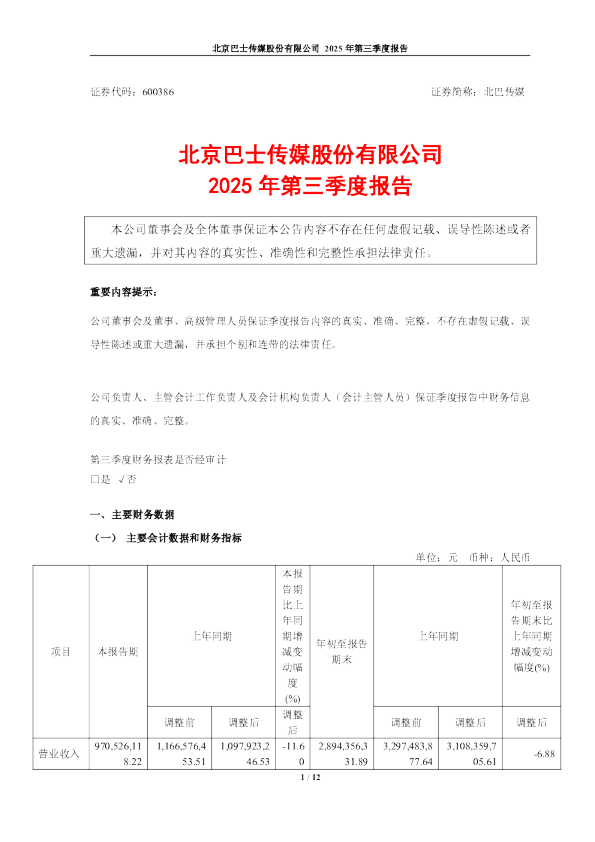 北巴传媒:2025年第三季度报告