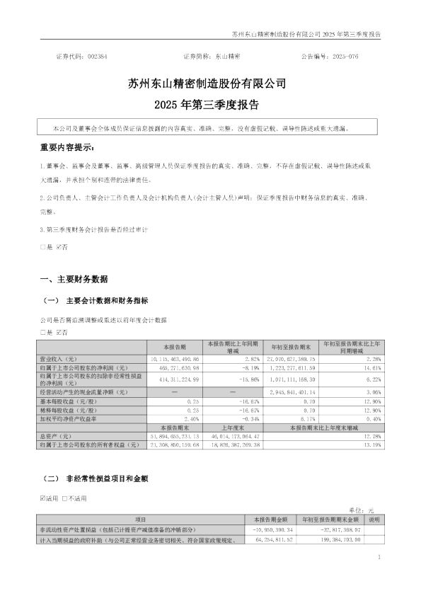 东山精密：2025年三季度报告