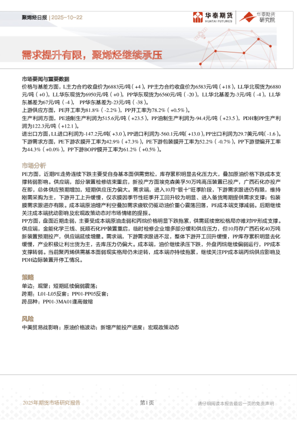 聚烯烃日报：需求提升有限，聚烯烃继续承压