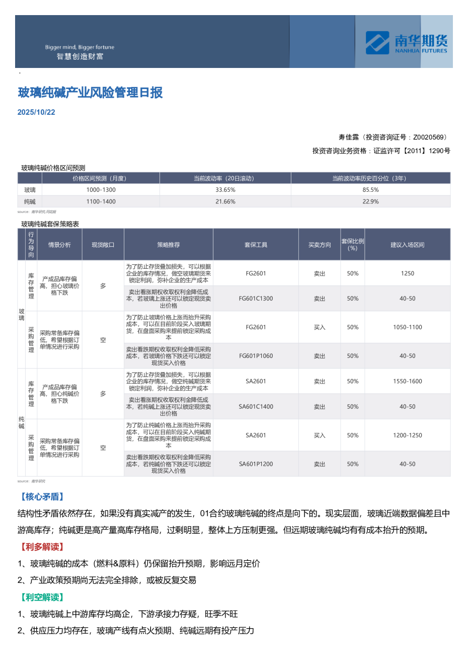 玻璃纯碱产业风险管理日报