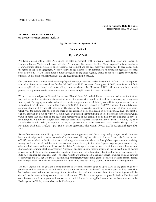 AgriFORCE Growing Systems Ltd美股招股说明书(2025-10-22版)