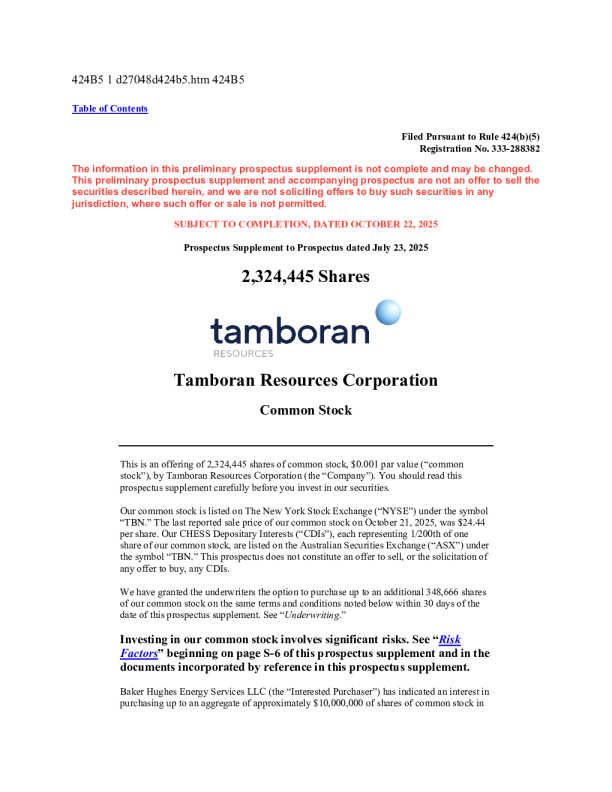 Tamboran Resources Corp美股招股说明书(2025-10-22版)