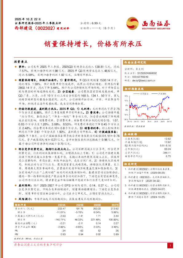 西部建设(002302)：销量保持增长，价格有所承压