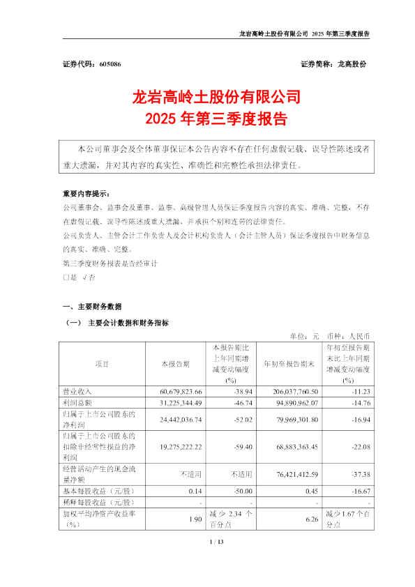 龙高股份：2025年第三季度报告