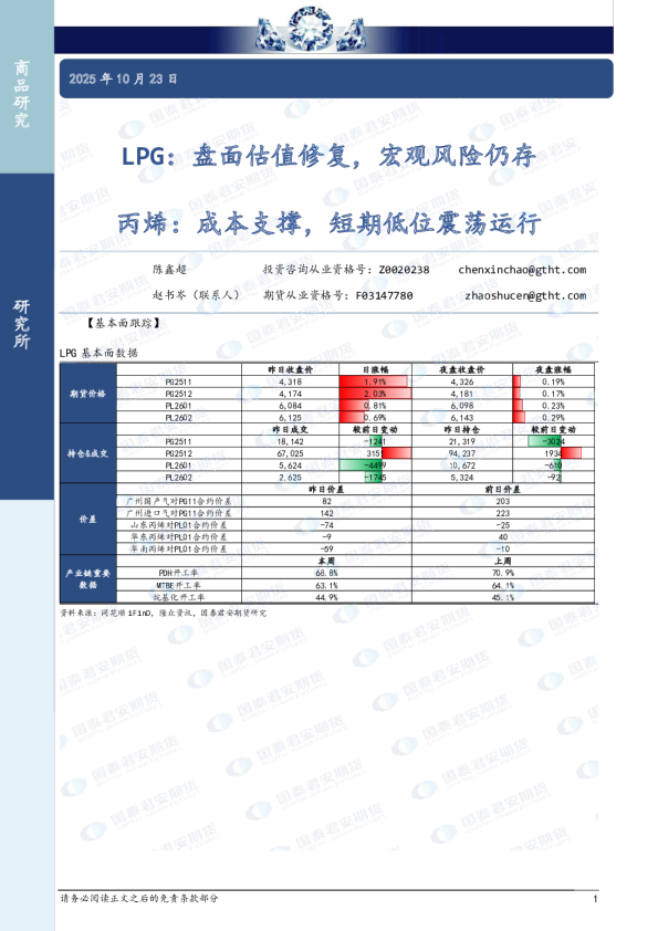 LPG：盘面估值修复，宏观风险仍存 丙烯：成本支撑，短期低位震荡运行