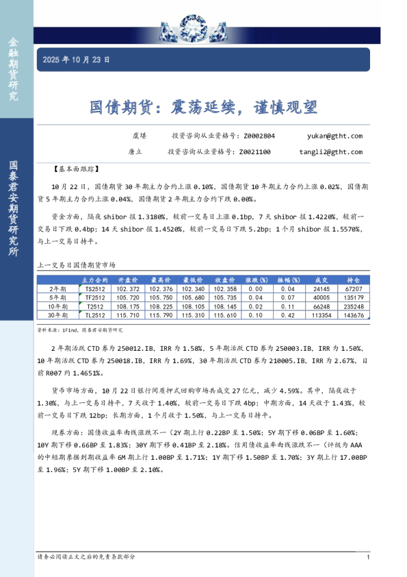 国债期货：震荡延续，谨慎观望