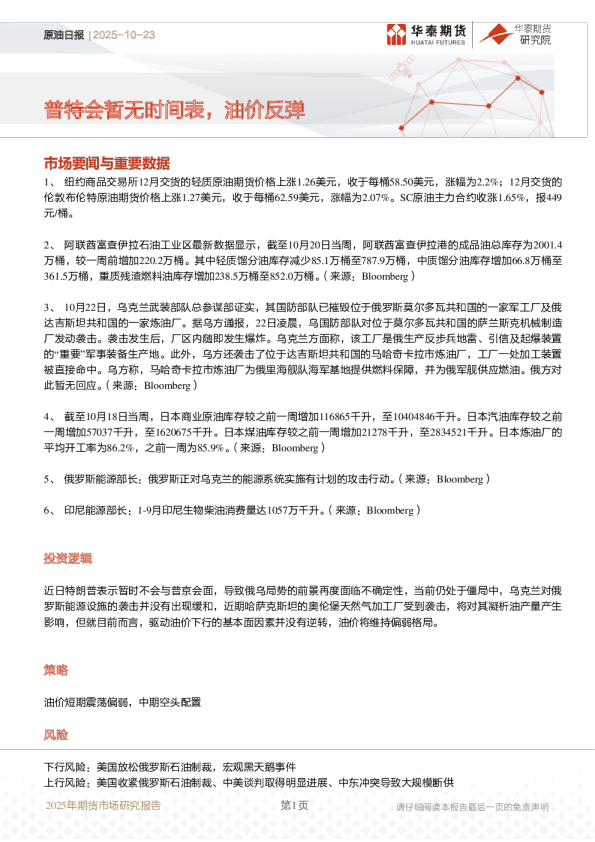 原油日报：普特会暂无时间表，油价反弹